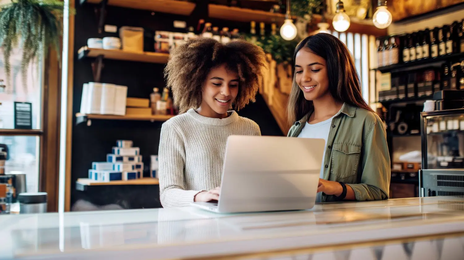 Dos mujeres jóvenes trabajando juntas en una laptop en una pequeña empresa, representando el uso de un CRM para mejorar la gestión de clientes en pymes.