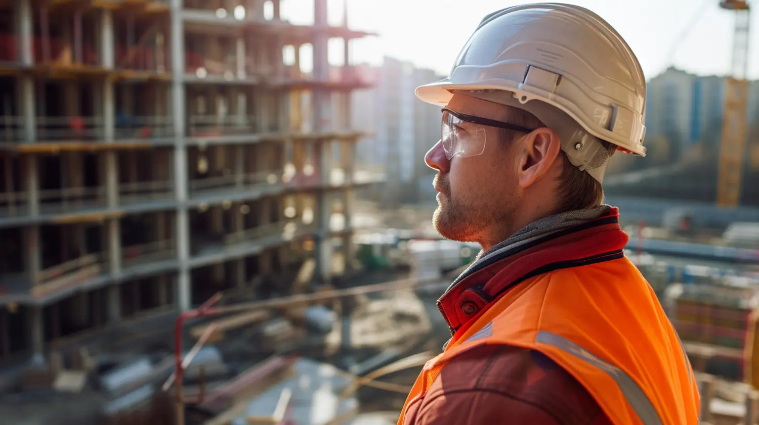 Construction manager wearing a hard hat and safety vest overseeing a building site, highlighting the importance of CRM for small construction businesses to improve project management and communication.