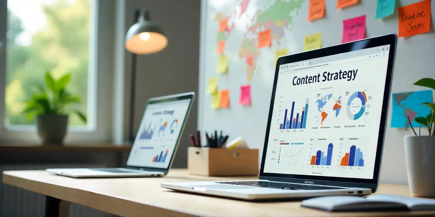 Two laptops on a desk displaying content marketing strategy data visualizations, graphs, and charts, with sticky notes on a world map in the background, illustrating content planning and analysis.