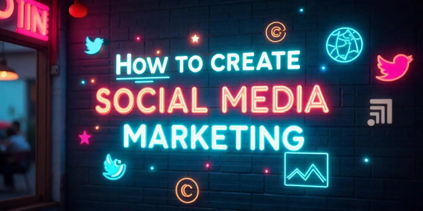 Neon sign on a brick wall displaying the text 'How to Create Social Media Marketing' with social media icons like Twitter and a globe symbol, representing a digital marketing strategy guide.