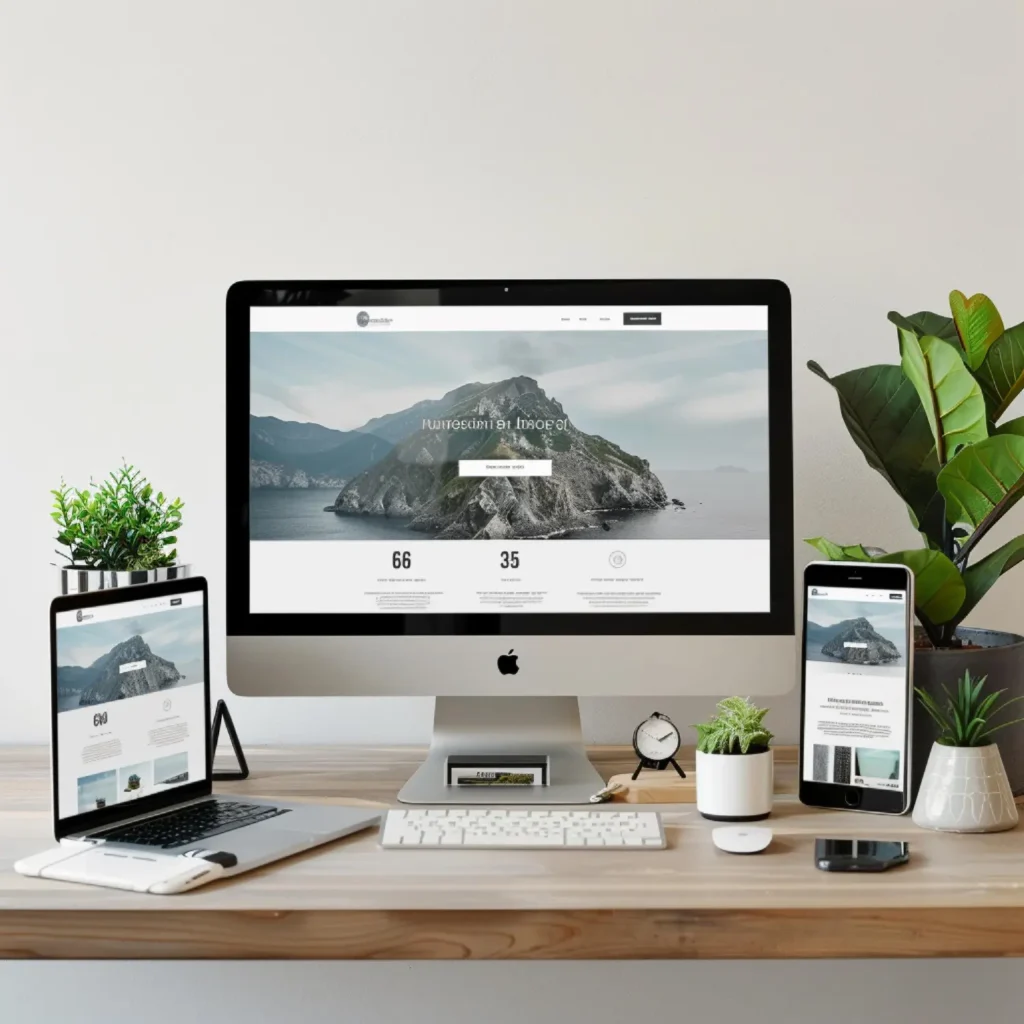 A responsive website shown on an iMac, iPad, MacBook, and smartphone on a desk, highlighting adaptability across different screen sizes.