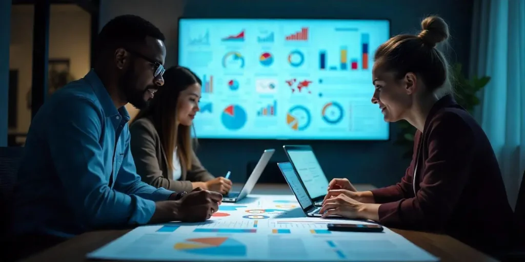 Three professionals collaborating in an office, analyzing marketing data on laptops and charts, planning an email marketing strategy with performance graphs displayed on a screen in the background.