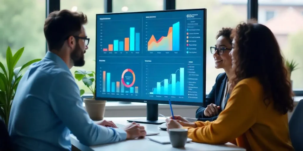 Three professionals discussing a strategic marketing approach while analyzing performance charts, data insights, and key metrics on a large screen.