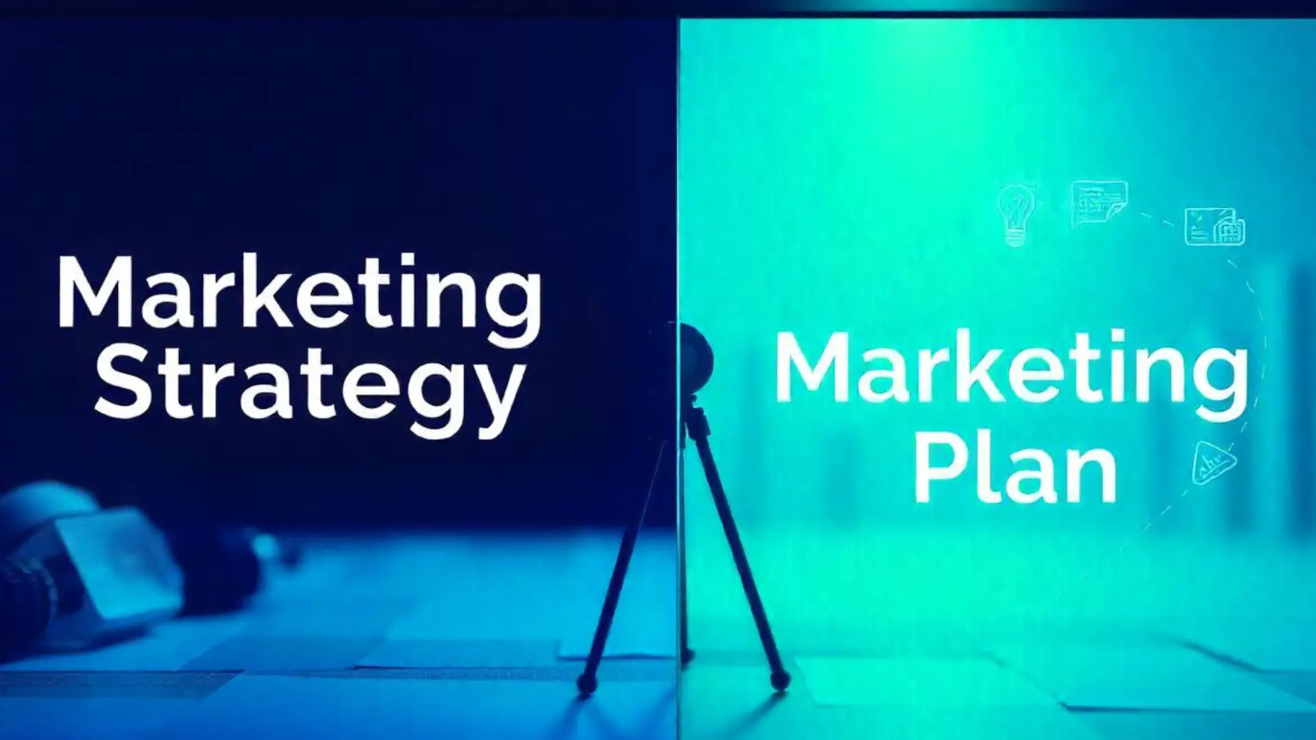 Visual comparison of marketing strategy and marketing plan, highlighting a conceptual divide between the two, with a dark blue side representing strategy and a light blue side illustrating the plan.