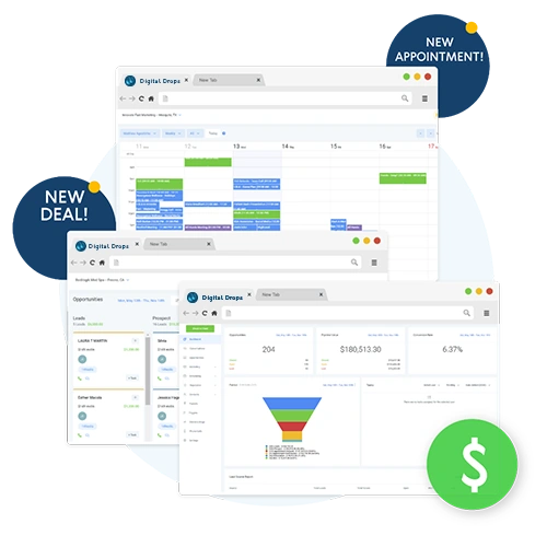 Panel de CRM con calendario de citas, nuevas oportunidades (“New Deal”) y embudo de ventas automatizado con métricas e ingresos.
