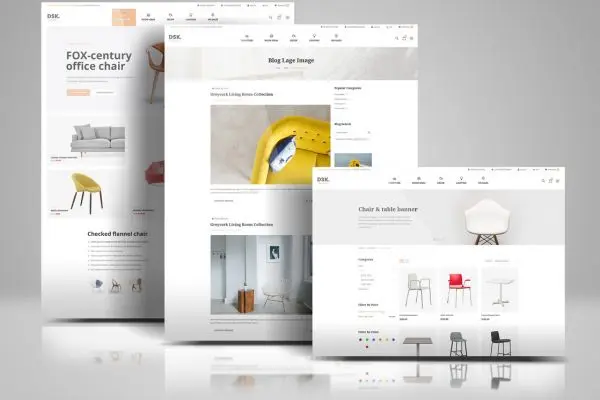 Mockup de diseño y desarrollo web con páginas de ecommerce y blog en pantallas superpuestas.