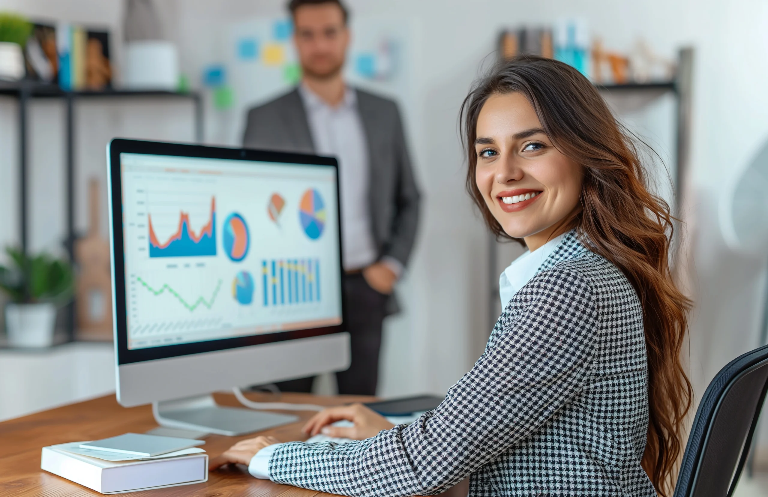 Analista de agencia digital revisando métricas en computadora para funnels de venta