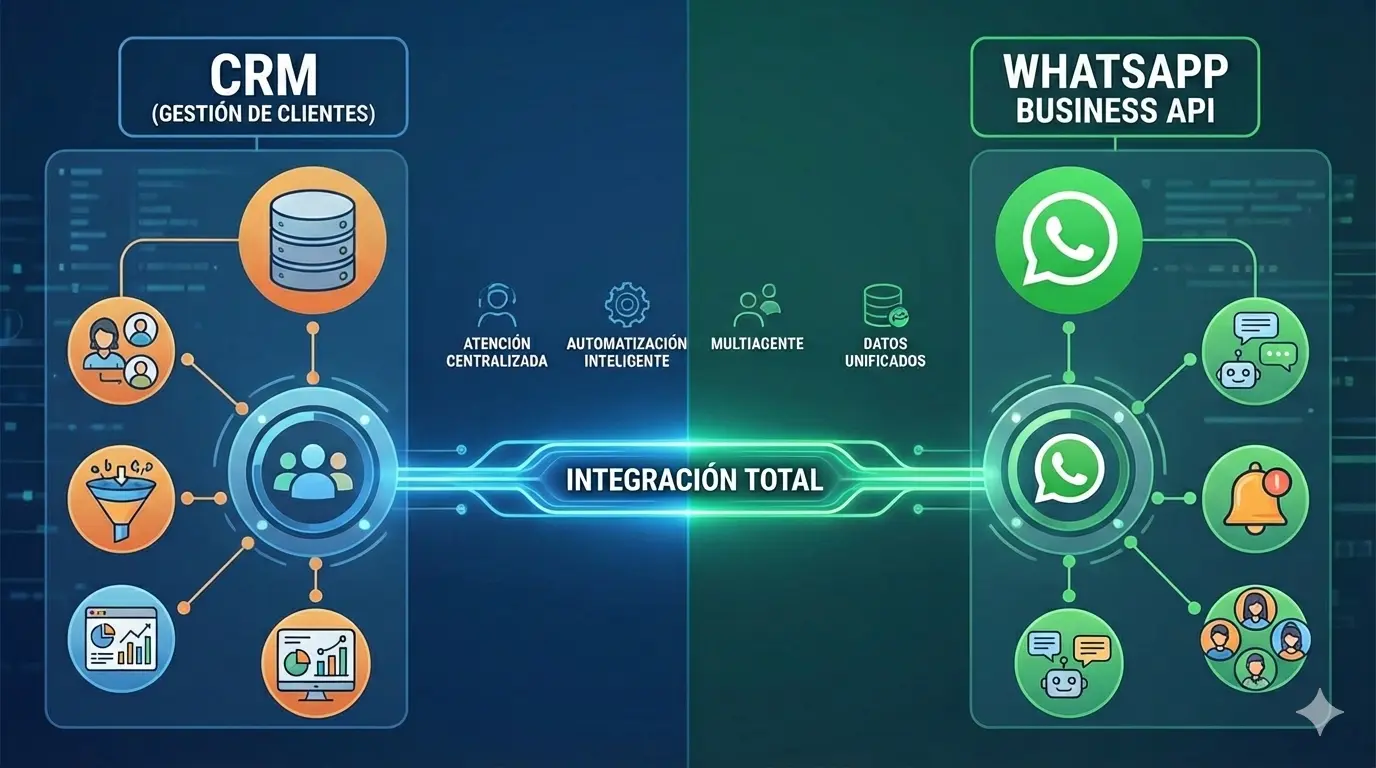 CRM con WhatsApp Business API: diagrama de integración total para atención centralizada y automatización.