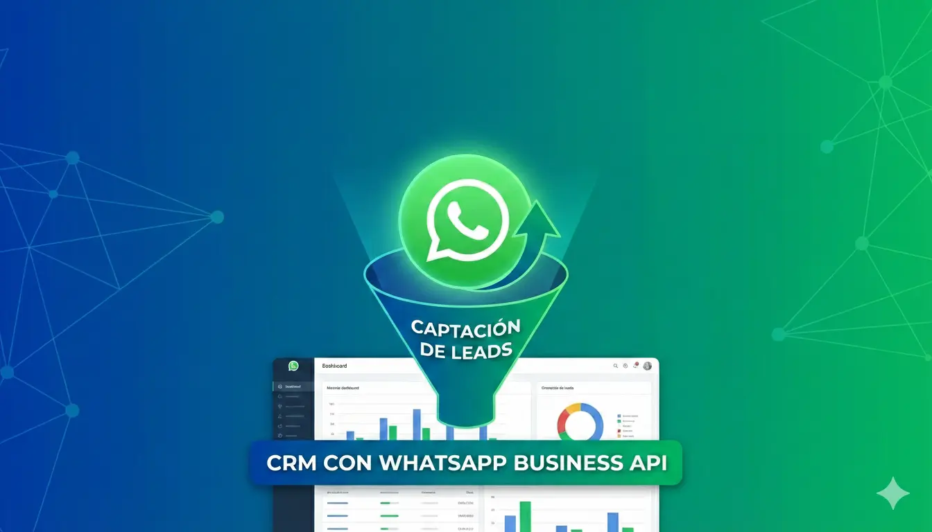 Embudo de captación de leads con logo de WhatsApp y dashboard de CRM con WhatsApp Business API