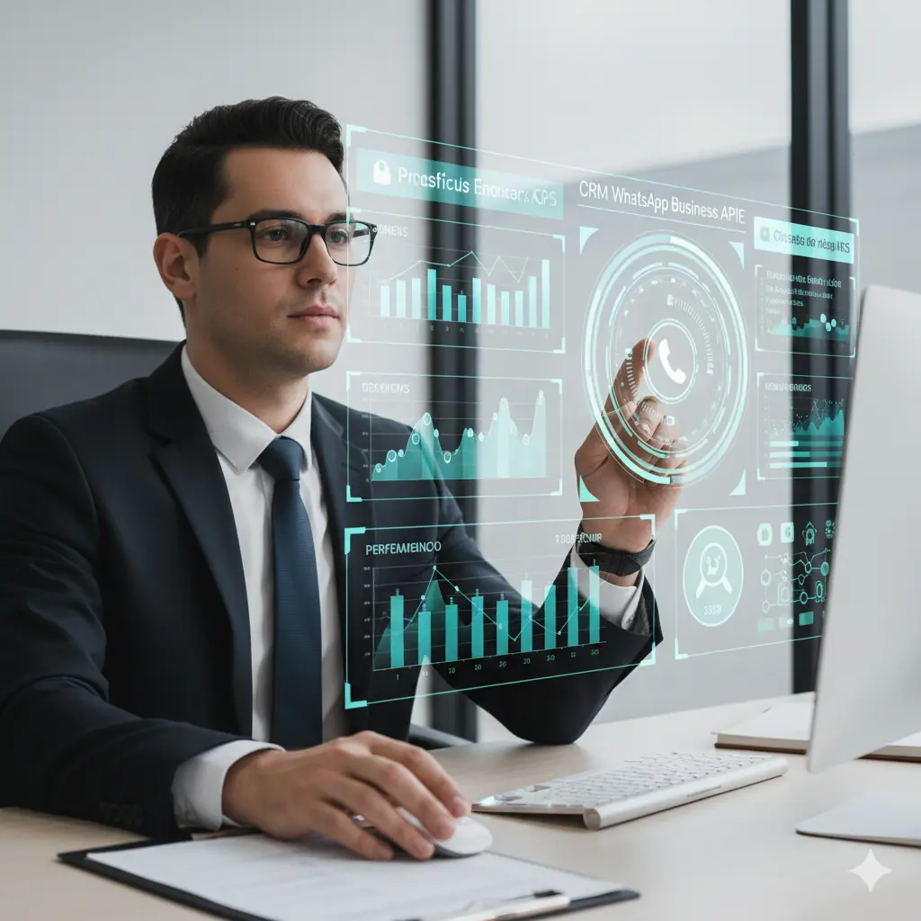 Ejecutivo usando panel de analítica en un CRM con WhatsApp Business API en pantalla holográfica