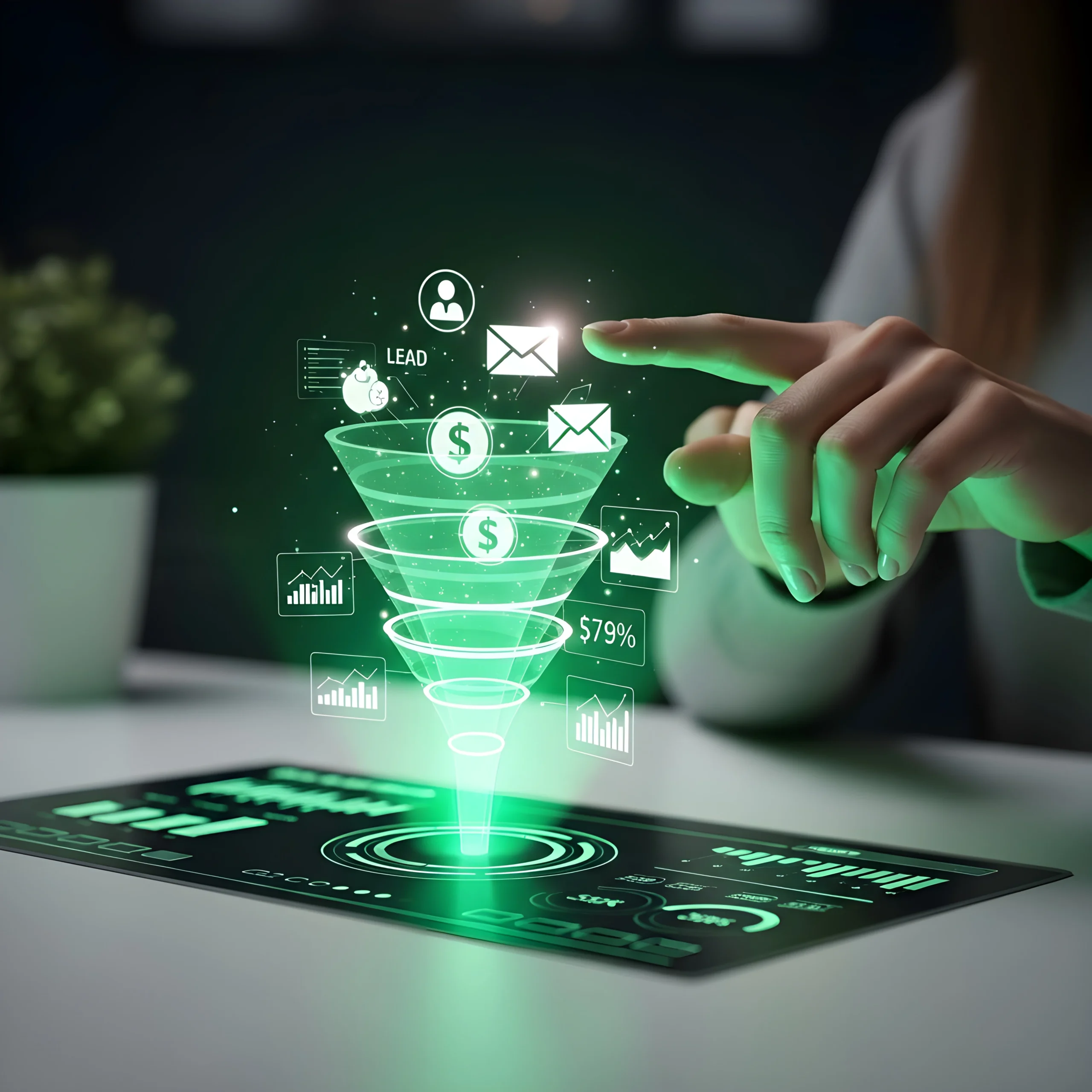 Mano señalando embudo digital de leads y conversiones con iconos de correo y métricas en pantalla.