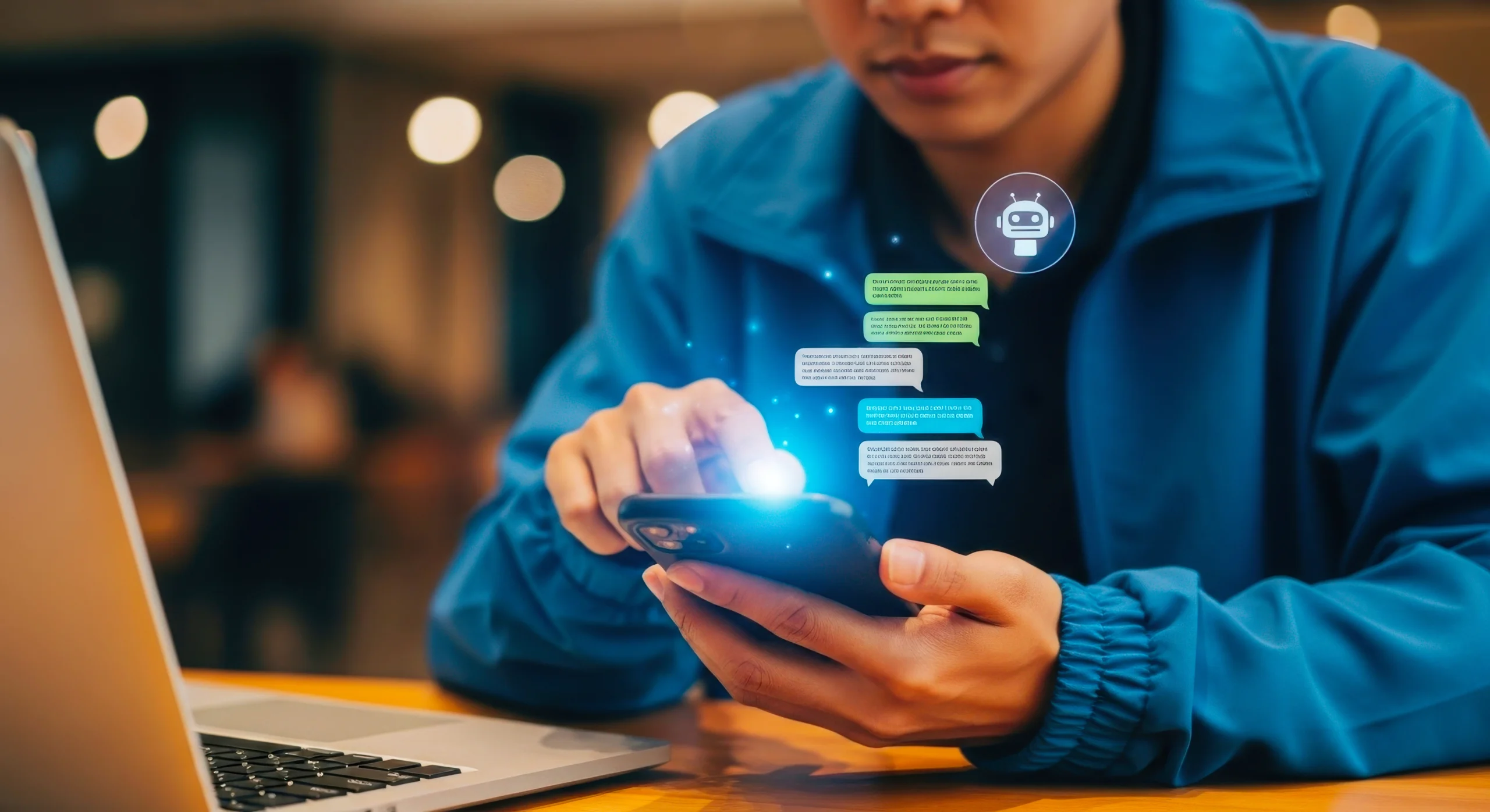 Agente usando smartphone con chatbot mientras gestiona WhatsApp Multiagente en CRM desde un portátil.