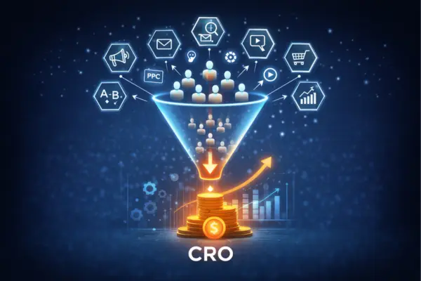 Embudo de conversión CRO con usuarios, pruebas A/B y métricas de crecimiento digital