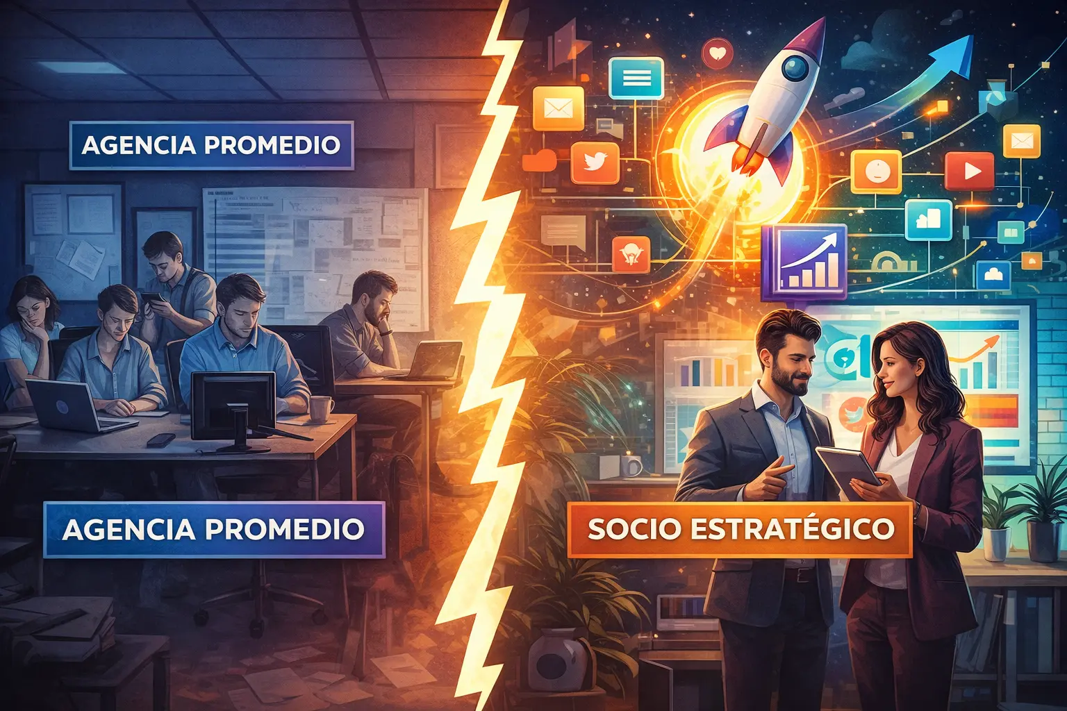 Comparativa entre agencia promedio y socio estratégico: oficina apagada vs entorno innovador con gráficos, cohete y reunión