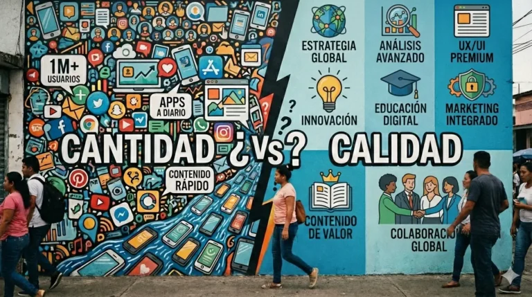 Mural sobre el ecosistema digital nicaragüense: cantidad vs. calidad, con íconos de apps y personas caminando.