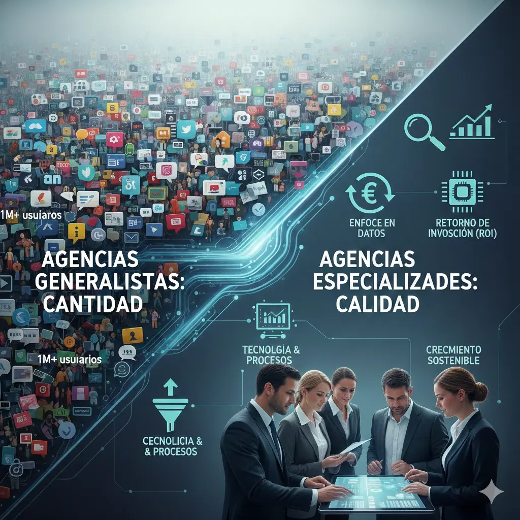 Infografía que compara agencias generalistas (cantidad) y especializadas (calidad) con enfoque en datos y ROI.