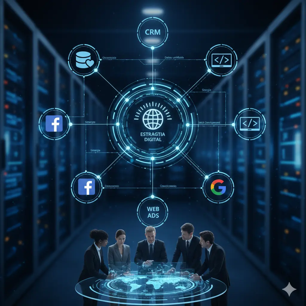 Equipo analizando estrategia digital con CRM, web ads, Google y Facebook en un panel tecnológico.