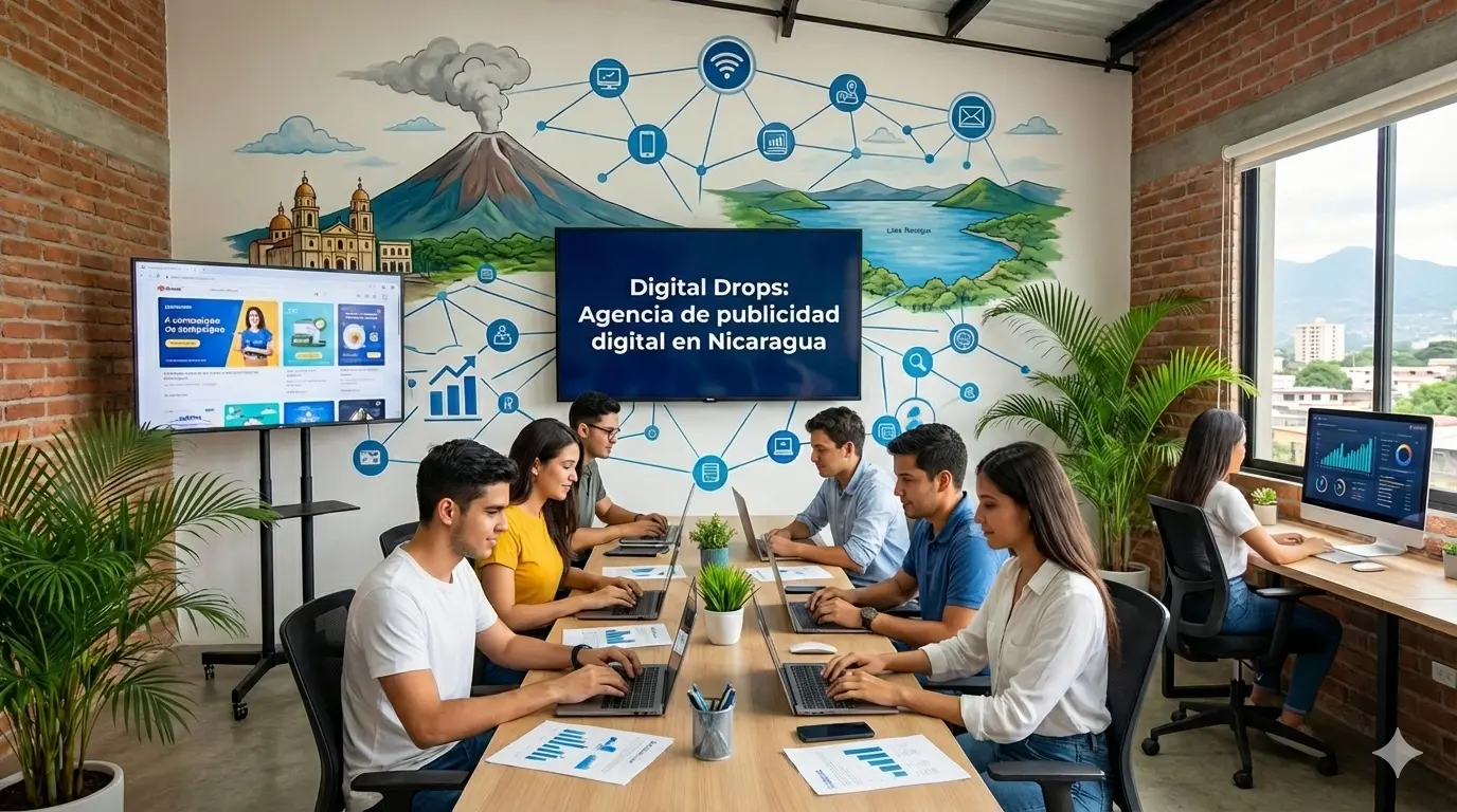 Equipo trabajando en oficina de agencias de publicidad en Nicaragua con pantallas y métricas digitales