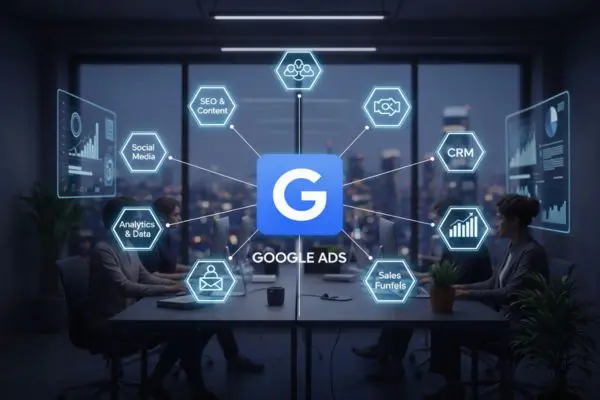 Equipo en oficina definiendo Google Ads, estrategia Growth Marketing con CRM, analítica, SEO y embudos