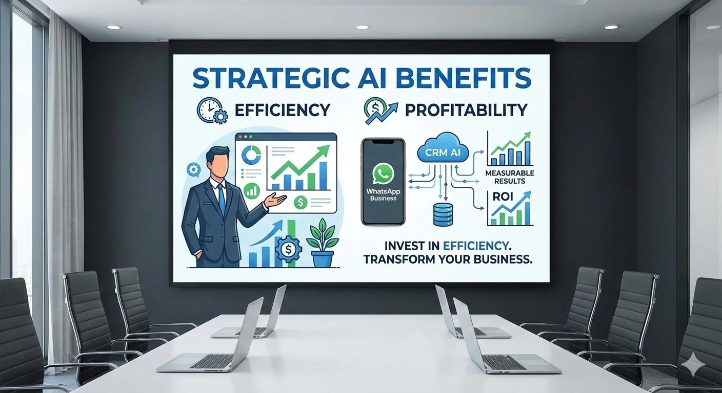 Presentación en sala de juntas sobre IA para WhatsApp en CRM con gráficos de ROI y eficiencia